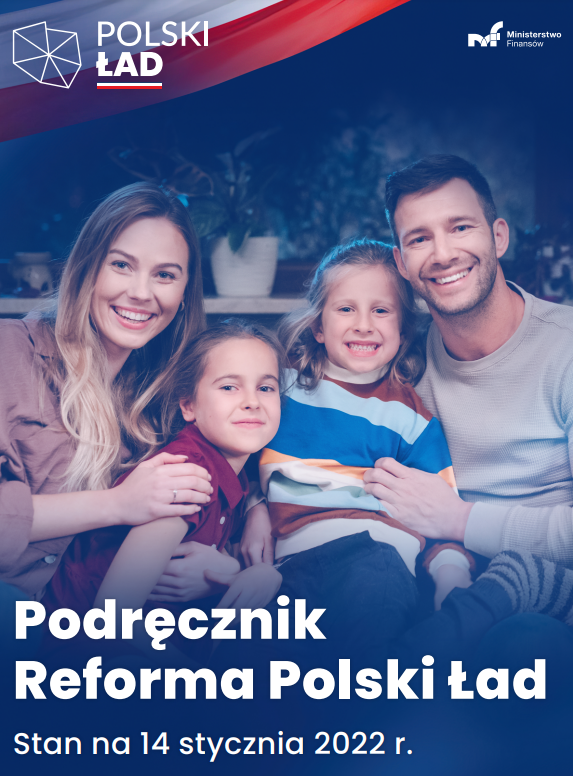 Niebieskie tło, rodzina, napis Polski Ład