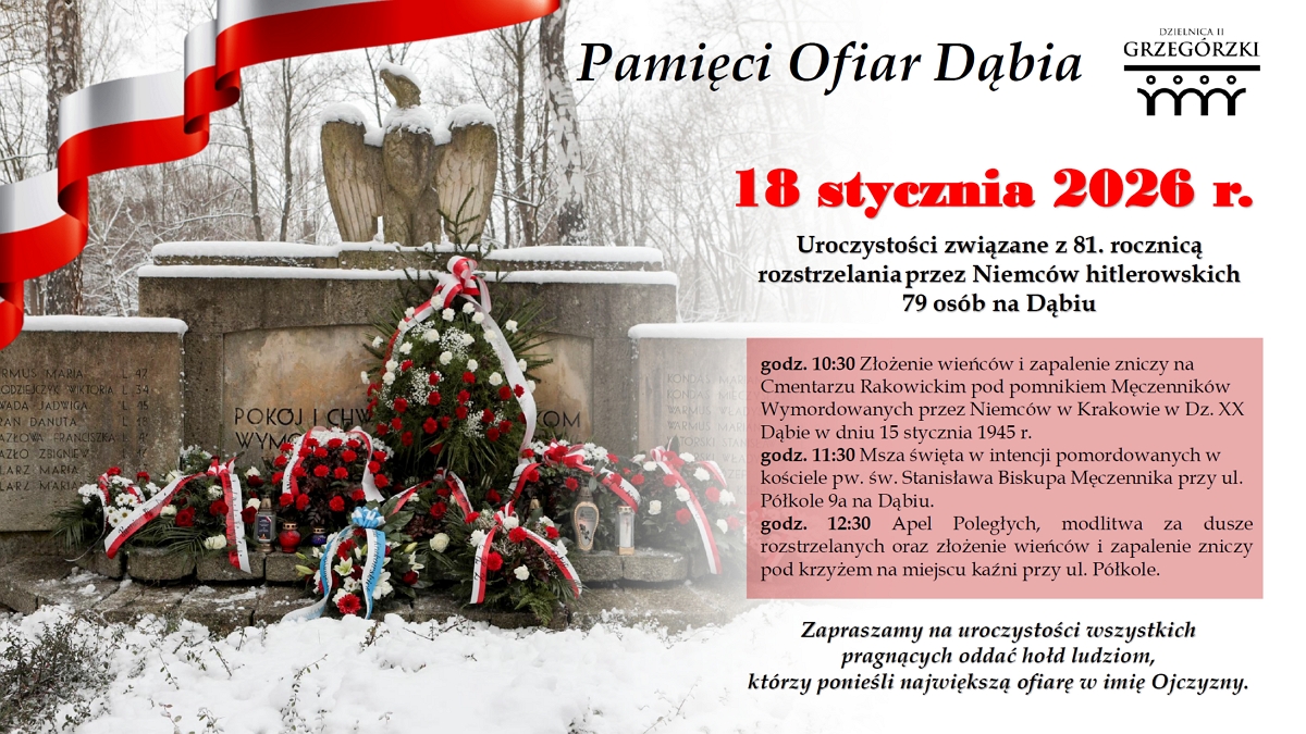 Baner: Uroczystości związane z 81. rocznicą rozstrzelania przez Niemców hitlerowskich 79 osób na Dąbiu